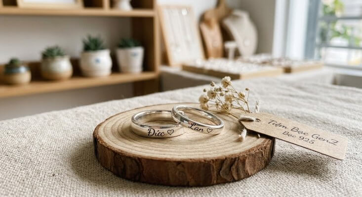 Cặp nhẫn đôi bằng bạc 925 sáng bóng, mặt trong hoặc mặt ngoài khắc tên tinh xảo (ví dụ: "DUY ♡ HÀ", "HÀ ♡ DUY"), đặt trong hộp nhung màu hồng/đỏ sang trọng có phong cách trẻ trung của Tiệm Bạc GenZ.