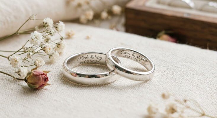 Hai bàn tay của một cặp đôi đang đan vào nhau (tay nam và tay nữ), ngón áp út đeo cặp nhẫn bạc đôi có khắc chữ hoặc ký hiệu lãng mạn lấp lửng dưới ánh nắng tự nhiên.